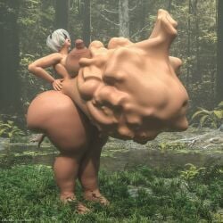 1girls 3d anal_vore ass belly belly_bulge big_ass big_belly big_breasts blindfold bones_in_belly breasts face_imprint female female_pred foot_imprint forest hand_imprint hand_out huge_belly huge_breasts imprint multiple_prey naked naked_female nier:_automata nipples nude nude_female renrenvore same_size_vore stomach_bulge struggling struggling_prey unwilling_prey vore white_hair willing_pred yorha_2b