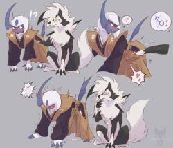 ?! absol black_body black_fur blue_body blush bodily_fluids claws clothing cross-popping_vein cum cum_drip cum_in_clothing cum_on_ground cum_on_hand digitigrade dripping duo dusk_lycanroc feral feral_on_feral finger_claws fluffy fluffy_tail fur generation_3_pokemon generation_7_pokemon genital_fluids grey_background grey_body handjob heart hi_res licking_cum lycanroc male male/male nintendo penile pokemon pokemon_(species) quadruped red_eyes sex shaded shaking simple_background sitting standing stealth_sex sweat swift_(tenebscuro) tenebscuro toe_claws trembling video_games wet wet_clothing white_body white_fur yellow_eyes