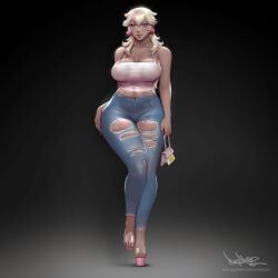 1girls big_breasts blonde_hair clothing earrings eyeshadow female female_only full_body fully_clothed heels high_heels large_breasts looking_at_viewer makeup mario_(series) nintendo open_toe_shoes pinkdrawz platform_heels princess_peach ripped_clothing ripped_pants solo standing thick_thighs