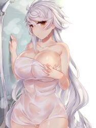 1girls asymmetrical_hair breasts collarbone covered_navel cowboy_shot deep_skin gluteal_fold hair_between_eyes hair_down jitome kantai_collection large_breasts long_hair looking_at_viewer pokoten_(pokoten718) shiny shiny_skin shower_(place) silver_hair steam steaming_body thighs tile_wall tiles towel unryuu_(kantai_collection) very_long_hair water wavy_hair wet wet_towel white_towel yamaarashi yellow_eyes