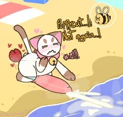 anthro arthropod beach beach_towel bee bee_and_puppycat big_penis blush bodily_fluids breasts cartoon_hangover cleavage clothed clothing collar crab crustacean cum decapoda dialogue duo feral genital_fluids genitals heart hi_res hymenopteran insects malacostracan male marine nonbinary_bunny penis puppycat seaside towel