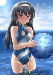 beach_ball girls_und_panzer holding_ball homare_(suzu_no_oka) ocean one-piece_swimsuit peeing peeing_in_water peeing_into_water peeing_self peeing_swimsuit peeing_through_clothing reizei_mako standing_in_water swimsuit swimwear urinating urination urine urine_stream water wetting wetting_self