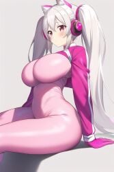 1girls ai_generated alice_(nikke) bodysuit breasts breasts_bigger_than_torso bust-waist_contrast female female_only goddess_of_victory:_nikke headphones jumpsuit large_breasts nai_diffusion only_female pink_bodysuit sitting skin_tight solo stable_diffusion tight_clothing tight_fit twintails white_hair