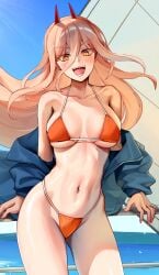 1girls absurdres alternate_breast_size bangs bare_shoulders beach belly_button bikini blonde_hair blue_jacket blue_sky blush breasts chainsaw_man cleavage collarbone cross-shaped_pupils demon demon_girl demon_horns female foxy_rain_(foxyreine) foxyrain_(foxyreine) foxyreine hair_between_eyes hi_res highleg highleg_bikini highres horns jacket large_breasts light-skinned_female light_skin long_hair long_sleeves looking_at_viewer navel off_shoulder open_clothes open_jacket open_mouth orange_bikini outdoors pointy_teeth power_(chainsaw_man) red_horns sharp_teeth sky slim_waist smile solo swimsuit teeth thighs yellow_eyes