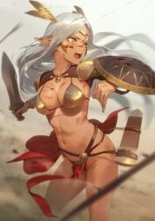 1girls armor bikini bikini_armor blood breasts brown_skin circlet cleavage dark-skinned_female dark_elf dark_skin elf fantasy female gold_(metal) gold_jewelry jewelry kinta_(distortion) loincloth loincloth_aside medium_breasts midriff original outdoors outside pelvic_curtain pointy_ears shield solo string_bikini swimsuit sword thighs toned toned_female weapon white_hair yellow_eyes