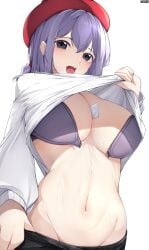 1girls condom condom_between_breasts ddangbi hat light-skinned_female light_skin navel original original_character partially_clothed purple_eyes purple_hair smile solo_female sweat undone_bra undressing unopened_condom_wrapper