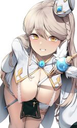 1girls bishop_(maplestory) blonde_hair bra braid ddangbi erect_nipples_under_clothes female female_only light-skinned_female light_skin maplestory partially_clothed smile solo staff_between_breasts yellow_eyes