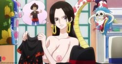 2d 2d_(artwork) 2d_animation animated anime artyum99 black_eyes black_hair blush boa_hancock boobs breasts cute dress dressing earrings female light-skinned_female light_skin male monkey_d_luffy mp4 naked nipples no_sound nude one_piece smiling snake tagme thinking_of_someone_else thumbs_up tits video