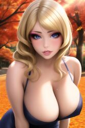 1girls ai_generated artist_self-insert autumn bare_shoulders big_breasts blonde_hair blue_dress blue_eyes breasts busty cleavage clothed clothed_female clothes clothing curvaceous curvy curvy_body curvy_female curvy_figure dress female female_focus female_only hips huge_breasts human human_only large_breasts light-skinned_female light_skin long_hair looking_at_viewer nai_diffusion nature nature_background pale-skinned_female queen_dee queen_dee_(character) solo solo_female solo_focus stable_diffusion thick thick_thighs thighs trees voluptuous wide_hips yellow_hair