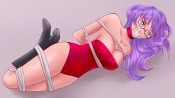 arms_behind_back arms_tied arms_tied_behind_back big_breasts blue_eyes bondage boots bound choker cleavage female female_only full_body gag gintama glasses high_heel_boots kyrlu leotard long_hair looking_at_viewer masochism masochist official_alternate_costume on_side purple_hair red-framed_glasses red_leotard sarutobi_ayame solo tape_gag taped_mouth