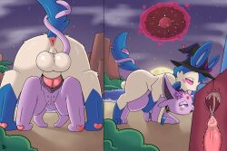 3:2 absurd_res anatomically_correct anatomically_correct_genitalia anatomically_correct_pussy anus aztepyeen balls blue_(bluewindspark) bodily_fluids cum cum_in_pussy cum_inside detailed_background duo eeveelution entwined_tails esmae_(esmaespe) espeon female feral generation_2_pokemon generation_6_pokemon genital_fluids genitals hi_res impregnation knot male male/female nintendo penis pokemon pokemon_(species) pussy sylveon tail_coil teats vaginal_penetration video_games