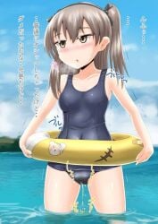 bikini bikini_bottom bikini_top floatie girls_und_panzer homare_(suzu_no_oka) peeing peeing_in_water peeing_into_water peeing_self peeing_through_clothing pink_panties pool_toy shimada_arisu standing_in_water urinating urination urine urine_stream water wetting wetting_self