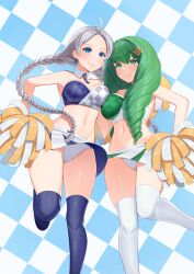 2girls absurdres ahoge alternate_costume bangs bare_shoulders blue_archive blue_eyes braid breast_press breasts cameltoe cheerleader cheerleader_uniform clothed commission cosplay crop_top crystal_earrings detached_collar drill_hair earrings female female_only fire_emblem fire_emblem:_three_houses fire_emblem_fates fire_emblem_heroes flayn_(fire_emblem) green_eyes green_hair grey_hair hair_ornament hairclip hibiki_(blue_archive)_(cosplay) hibiki_(cheerleader)_(blue_archive)_(cosplay) highres holding holding_pom_poms jewelry large_breasts long_hair looking_at_viewer low_twin_braids medium_breasts midriff millennium_cheerleader_outfit_(blue_archive) multiple_girls navel nessu_(nnn07897) nina_(fire_emblem) nintendo non-web_source panties pantyshot parted_bangs pom_pom_(cheerleading) skirt smile sports_bra thighhighs thighs twin_braids twin_drills underwear white_panties