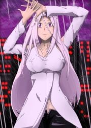 black_legwear breasts breasts clouds dark_background front_view fuuto_pi highres long_hair pale_skin pose purple_eyes rain shadow_fuuto tokime upper_body white_hair white_shirt