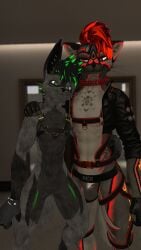 3d abs anthro anthro_only blazen420 bottomless canid canine duo fur furry furry_only green_eyes green_hair grey_fur harness hoodbrailen jockstrap looking_at_another looking_at_viewer male male_only muscular muscular_anthro muscular_male naked nude red_eyes rexouium standing tagme twitter vr_media vrchat vrchat_avatar