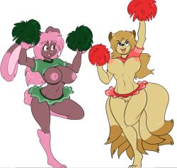 2016 4_toes amber_eyes anthro areola barefoot black_nose blonde_hair blue_eyes bottomwear bouncing_breasts breasts brown_body brown_fur cheering cheerleader clothed clothing duo feet female fur generation_1_pokemon generation_4_pokemon genitals hair hindpaw looking_at_another looking_up lopunny navel ninetales nintendo nipples no_underwear open_mouth open_smile paws pink_areola pink_hair pink_nipples pink_nose pokemon pokemon_(species) pokemorph pom_poms pussy raised_bottomwear raised_clothing raised_skirt shiny_pokemon shirt shirt_up skidd skirt smile survival_of_the_fittest tan_body tan_fur teeth tiffany_harkick toes tongue topwear video_games vivian_ambridge