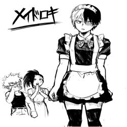 1girls 2boys black_and_white clothed crossdressing crossdressing_male femboy japanese_text katsuki_bakugou laughing maid maid_apron maid_male maid_outfit maid_uniform male male_focus male_in_dress male_maid male_only momo_yaoyorozu my_hero_academia short_dress shouto_todoroki stockings translation_check twink two_tone_hair