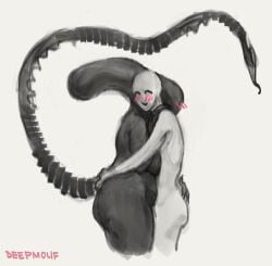 1boy 1girls alien alien_(franchise) alien_girl anon big_ass big_breasts blush breast_squish cute deepmouf fat_ass female_xenomorph hand_on_ass hand_on_waist happy hugging human non-mammal_breasts tail thick_legs thick_thighs wholesome wholesome_nudity xenomorph