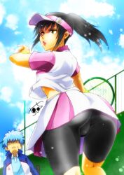 2boys backsack bike_shorts black_hair bulge canon_crossdressing compression_shorts crossdressing femboy gintama gintoki_sakata girly hazel_eyes katsura_kotarou lipstick long_hair long_hair_male lychee-soda male male_only official_alternate_costume ponytail solo_focus sweat tennis_court tennis_racket tennis_uniform trap upskirt visor yellow_eyes zurako