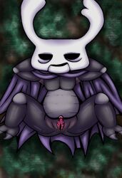 arms_behind_head arthropod asymmetrical_horns black_chitin bug chitin chubby chubby_male hollow_knight insects large_clitoris large_labia lying_on_back lying_on_ground male_only solo_male spread_legs zote