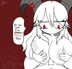 ... 1boy 1girls areolae artstyle_imitation breast_grab breast_squeeze chibi closed_mouth demon demon_boy demon_girl demon_horns dialogue emalf english english_text funamusea grabbing_breasts horns huge_breasts kiwikitti looking_at_another nipples paizuri pov pubic_hair red_eyes reficul spread_legs the_gray_garden white_skin