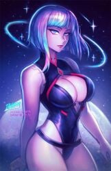 1girls asian asian_female big_ass big_breasts cd_projekt_red cleavage cybernetics cyberpunk:_edgerunners cyberpunk_2077 cyborg female female_only iahfy leotard light-skinned_female light_skin lucyna_kushinada multicolored_hair netflix nude short_hair studio_trigger white_hair