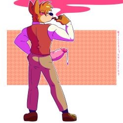 1:1 anthro bodily_fluids bottomwear breasts canid canine canis clothed clothing digital_media_(artwork) domestic_dog erection fizzyjay furry_only genitals hi_res male mammal penis sherlock_hound sherlock_hound_(series) simple_background solo substance_intoxication topwear