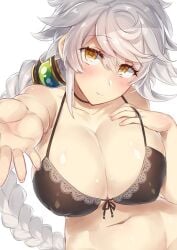 1girls asymmetrical_hair bare_arms bare_shoulders black_bra blush bra braid breasts cleavage collarbone covered_erect_nipples groin hair_between_eyes hair_ornament jewelry jitome kantai_collection large_breasts long_hair looking_at_viewer navel pokoten_(pokoten718) puffy_nipples reaching_towards_viewer ring silver_hair single_braid solo underwear underwear_only unryuu_(kantai_collection) upper_body very_long_hair wedding_ring yamaarashi yellow_eyes