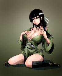 big_breasts big_lips black_hair breast_grab brown_eyes female female_only full_body genderswap_(mtf) gintama grabbing_own_breast headband huge_breasts japanese_clothes katsura_kotarou kimono long_hair looking_at_viewer lychee-soda no_bra off_shoulder official_alternate_costume open_clothes open_kimono ponytail rule_63 samurai sitting solo tabi tied_hair wariza