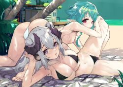 1boy 1girls animal_ears beach bikini black_bikini chikafuji_lisa green_hair horns light-skinned_female light-skinned_male light_skin looking_at_viewer outside pink_eyes pointy_ears red_eyes sheep_ears sheep_girl supahboodge tsunderia tsurugi_nen virtual_youtuber