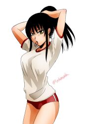 alternate_costume arms_up black_hair breasts buruma cowboy_shot female female_only fully_clothed genderswap_(mtf) gintama gym_uniform katsura_kotarou long_hair lychee-soda ponytail rule_63 solo tying_hair uniform yellow_eyes