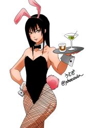 alcohol alternate_costume black_hair bowtie bunny_boy bunny_ears bunny_tail bunnysuit crossdressing detached_collar femboy fishnet_legwear fishnets gintama green_eyes hand_on_hip hazel_eyes katsura_kotarou long_hair long_hair_male looking_at_viewer lychee-soda male male_only male_playboy_bunny otoko_no_ko smile solo tray wide_hips wrist_cuffs yellow_eyes