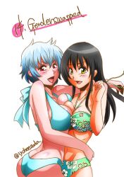 2girls alternate_costume ass_cleavage big_breasts bikini black_hair blue_bikini blue_hair blush breast-to-breast breast_docking breast_press breast_squish butt_crack female female_only genderswap_(mtf) gintama gintoki_sakata katsura_kotarou light_blue_hair long_hair looking_at_viewer lychee-soda open_mouth red_eyes rule_63 short_hair smile swimsuit yellow_eyes yuri