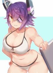 1girls armpits bikini breasts collarbone expressive_clothes eyepatch gluteal_fold grin hand_on_hip headgear kantai_collection large_breasts leaning_forward navel necktie pokoten_(pokoten718) purple_hair short_hair sideboob smile solo swimsuit tenryuu_(kantai_collection) thighs tomboy white_bikini yamaarashi yellow_eyes