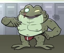 amphibia amphibia_(series) amphibian_humanoid animated blue_eye captain_grime disney facial_scar gay green_body green_skin heterochromia hunter-husky jockstrap locker_room male male_only nanothehedgehog non-human old_man older_male scar smooth_skin sound toad underwear underwear_only video yellow_eye