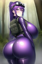 ai_generated body_armor bodysuit female_focus forest genshin_impact goggles_on_head huge_ass looking_back nai_diffusion purple_eyes purple_hair raiden_shogun skin_tight stable_diffusion