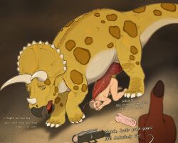 big_penis ceratopsian dinosaur english_text feral feral_dinosaur genitals human imminent_anal male male/male mammal ornithischian penis pig_(artist) reptile scalie size_difference talking_feral text triceratops zoophilia