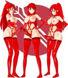 1girls 3d arc_family_crest bdsm_gear big_breasts breasts_outside fatallyobsessed female female_focus female_only femdom green_eyes koikatsu pyrrha_nikos red_hair red_latex rwby solo strap-on