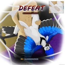 1:1 absurd_res anthro avian beak bed bedroom bird blue_body blue_feathers blue_jay breath_cloud chest_tuft closed_eyes continue_screen corvid cutaway defeat defeat_sex defeated duo ejaculation ejaculation_while_penetrated feathers female female_penetrated fluffy furniture game_over gameplay_mechanics hi_res holding_both_legs human interspecies jay_(bird) leg_grab looking_pleasured lying male male/female male_penetrating male_penetrating_anthro male_penetrating_female mammal new_world_jay on_back oscine passerine penetration roleplay sex spread_legs spread_wings spreading surrendering tail_feathers thigh_grab tuft user_interface wings wrattales2022