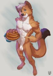 anthro baking balls brown_body brown_fur cake casual_nudity clothing dessert flaccid food fur genitals gesture hair handwear hi_res humanoid_genitalia humanoid_penis lion21 male male_only mammal mustela mustelid musteline nipples nude oven_mitts penis pointing simple_background smile solo standing stoat teeth true_musteline white_hair