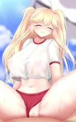 1boy 1girls alternate_costume animated azur_lane blücher_(azur_lane) blonde_hair blush buruma buruma_aside censored cowgirl_position erect_nipples_under_clothes female gym_uniform iron_blood_(azur_lane) light-skinned_female light-skinned_male light_skin male mp4 mumu_(mumunyan) no_bra no_sound oerba_yun_fang outdoors panties_aside penetration red_eyes see-through sex shorter_than_10_seconds shorter_than_30_seconds smile sportswear straight sweat vaginal_penetration video