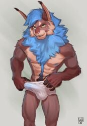 anthro blue_hair blue_nipples body_hair brown_body brown_fur bulge clothed clothing erection felid feline fur furry genital_outline hair happy_trail hi_res inner_ear_fluff lion21 lynx male male_only mammal mane muscular muscular_anthro muscular_male nipples penis_outline simple_background solo standing translucent translucent_clothing translucent_underwear tuft underwear underwear_only