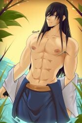 1boy abs bare_chest bishonen black_hair bulge gasaiv gintama haori katsura_kotarou kimono long_hair long_hair_male male male_only muscular muscular_male open_clothes open_kimono partially_submerged pecs samurai smile solo topless topless_male undressing water