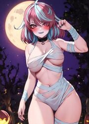 1girls ai_generated corela emikukis halloween halloween_costume mummy_wrappings owozu virtual_youtuber vtuber