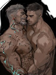 2020s 2boys athletic athletic_male bara bara_tiddies bara_tits barazoku beard biceps big_muscles brown_hair chest chest_hair chest_tuft david_king dead_by_daylight dopq eyebrows gay gesture gray_hair grin hair hair_tuft hairy_chest male male_only manly masculine mature mature_male pecs pecs_touching short_hair simple_background tattoo tattoos teeth thick_body thick_eyebrows toned toned_body toned_male video_games vittorio_toscano white_hair yaoi zaddy