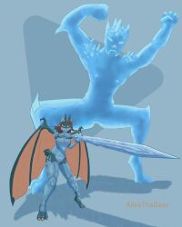 4:5 absurd_res alicethedeer anthro armor blue_body breasts brown_eyes chiropteran clothed clothing digital_media_(artwork) duo female fully_shaded genitals hair hi_res ice male male/female mammal nipples nude pinup pose pussy simple_background thick_thighs