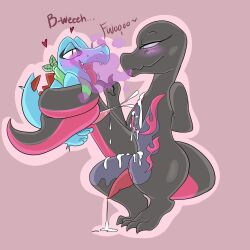 absurd_res anthro blue_body bodily_fluids crouching cum cumshot duo ejaculation feral feral_only generation_2_pokemon generation_7_pokemon genital_fluids genitals hi_res male male/male nintendo open_mouth penis pheromones pokemon pokemon_(species) salazzle spicykikwi text tongue tongue_out totodile video_games