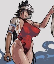 big_breasts black_hair bleach breasts busty equinox006 erect_nipples female female_focus female_only hourglass_figure kukaku_shiba large_breasts long_hair pinup pinup_pose prosthetic_arm standing wide_hips