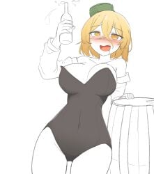 2s3m alcohol beer big_thighs black_clothing bunnysuit daebom drunk green_hat large_breasts leaning leaning_on_object original_character war_thunder white_armwear white_background yellow_eyes yellow_hair