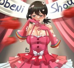 blush brown_hair capcom chainsaw_man cleavage clown clown_nose cosplay crossover embarrassed female female_only food geiru_toneido_(cosplay) gyakuten_saiban higashiyama_kobeni large_breasts miruyuyo tomato tomato_throwing